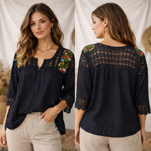 Black Boho Embroidered Lace Peasant Blouse Floral Festival Linen Feel Top M